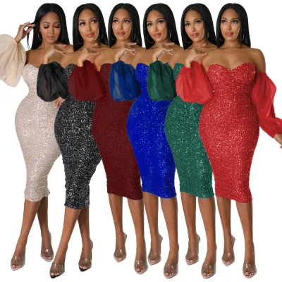 Sequin Low Neck Solid Back Slit Dress