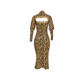 Fashion Casual Leopard Midi Turtleneck Dress