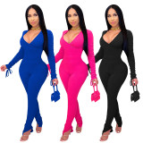 Fashion Casual Solid Color V-neck Drawstring Jumpsuit