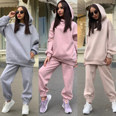 Fashion Solid Color Hooded Sweater Casual Two-piece Suit