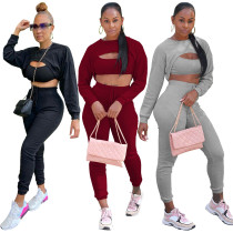 Solid Color High Bullet Long Sleeves, Vest, Trousers Set