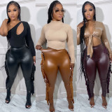 Skinny Stretch PU Leather Casual Fringed Trousers