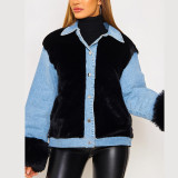Casual Thick Plush Denim Stitching Warm Jacket