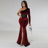 Autumn And Winter Oblique Collar Pleated Slit Solid Color Mermaid Dress