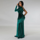 Autumn And Winter Oblique Collar Pleated Slit Solid Color Mermaid Dress