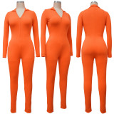 Autumn And Winter Solid Color Slim Sexy V-neck Jumpsuit