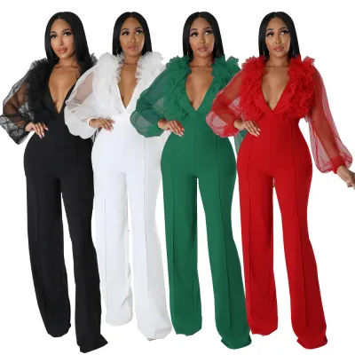 Net Yarn Lantern Sleeve V Neck Open Back Jumpsuit