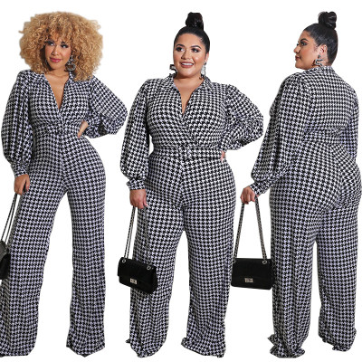 Fashion V-neck Puff Sleeves Plus Size Jumpsuit