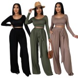 Solid Color Autumn Winter Long Sleeve Wide Leg Women's Two Piece Suit