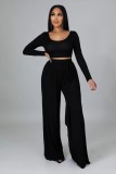 Solid Color Autumn Winter Long Sleeve Wide Leg Women's Two Piece Suit