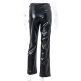 High Waist Straight Loose Wide Leg Casual Leather Pants