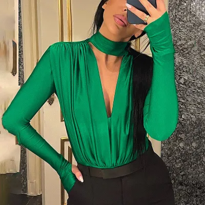 Winter New Sexy V-neck Slim Bottom Stitching Long-sleeved Onesies