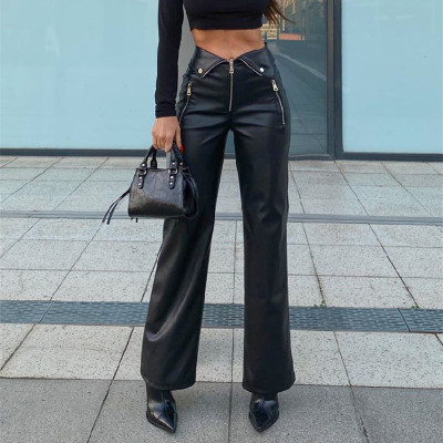 High Waist Straight Loose Wide Leg Casual Leather Pants