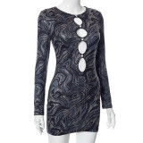 New Water Ripple Printed Round Neck Hollow Dress