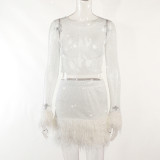 Knitted Round Neck Fur Long Sleeve Two Piece Set