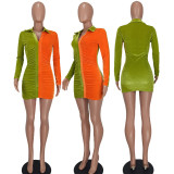 Fashion Casual Color Blocking Velvet V-neck Dress