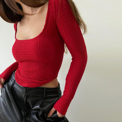 Sexy French U-neck Slim Fit Ribbed Top