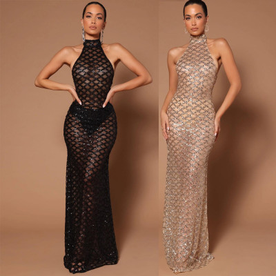 Sexy Backless Hot Diamond Sequin See-Through Dress