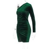 New Fashion Single Shoulder Slim Pleated Solid Color Package Hip Dress