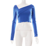 Solid Color Slanted Collar Long Sleeves Exposed Navel Casual Fashion Top