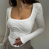 Solid Color Square Neck Long Sleeve Casual Fashion Top T-Shirt