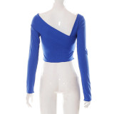 Solid Color Slanted Collar Long Sleeves Exposed Navel Casual Fashion Top