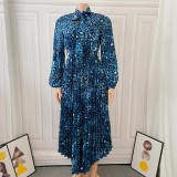 Printed V-Neck Swing Pleated Dress