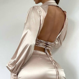 New Fashion Sexy Long-sleeved Lapel Backless Shirt Dress