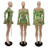 Spring And Autumn Trumpet Sleeve Printed Dress