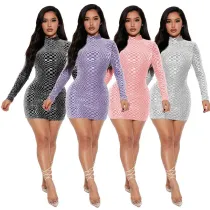 Autumn And Winter New Long-sleeved Bag Hip Sequined Round Neck Slim Dress
