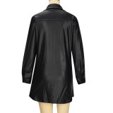Autumn And Winter New Long-sleeved Lapel PU Leather Dress