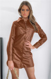 Autumn And Winter New Long-sleeved Lapel PU Leather Dress
