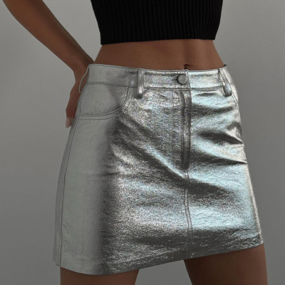 Solid Color Bright Leather High Waist Versatile Skirt