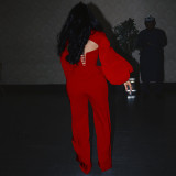 V-neck Stitching Mesh Lantern Sleeve Back Hollow Fashion Sexy Two-piece Suit
