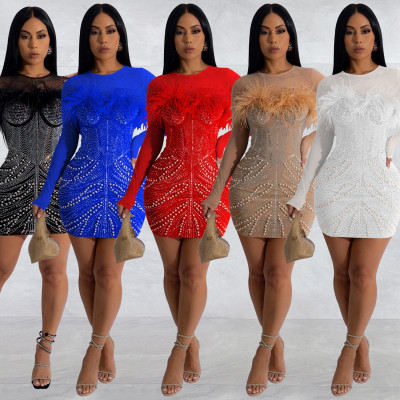 Pure Color Mesh Yarn Feather Hot Diamond Long-sleeved Dress