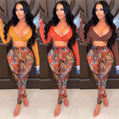Sexy V-neck Lace-up Top Printed Tight Trousers Two-piece Set