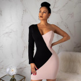 Stitching Contrasting Color Asymmetrical Long Sleeve Slim Sexy Bag Hip Dress