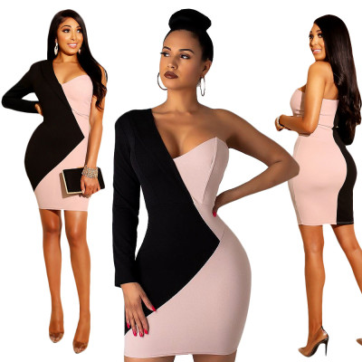 Stitching Contrasting Color Asymmetrical Long Sleeve Slim Sexy Bag Hip Dress