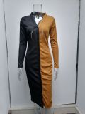 Fashion Color Block Button High Waist Long Dress