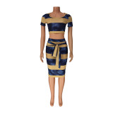 Pit Strip Printed Short-sleeved Tie Skirt Two-piece Set