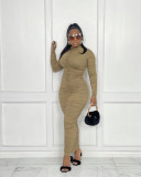 New Solid Color Pleated Long-sleeved Dress