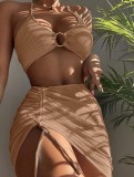 Solid Color Stitching Swimsuit Three-Piece Set
