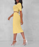 Ribbed Square Neck Short Sleeve Slit Skirt Slim Fit Two-Piece Set