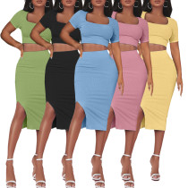 Ribbed Square Neck Short Sleeve Slit Skirt Slim Fit Two-Piece Set