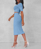 Ribbed Square Neck Short Sleeve Slit Skirt Slim Fit Two-Piece Set