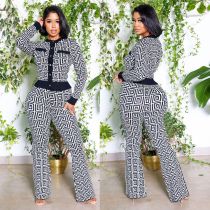 Trendy Fret Print Micro-flare Trousers Two-piece Set