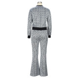 Trendy Fret Print Micro-flare Trousers Two-piece Set