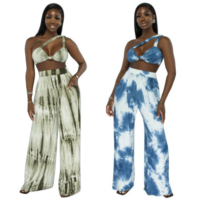 Trendy Tie-dye Print Wide-leg Pants Two-piece Set