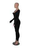 Solid Color Square Collar Back Deep V Long Sleeve Yoga Fitness Jumpsuit