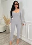 Solid Color Square Collar Back Deep V Long Sleeve Yoga Fitness Jumpsuit